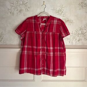 100% Cotton Red Plaid Button Up Short Sleeve Blouse Top Holidays Women’s 1X